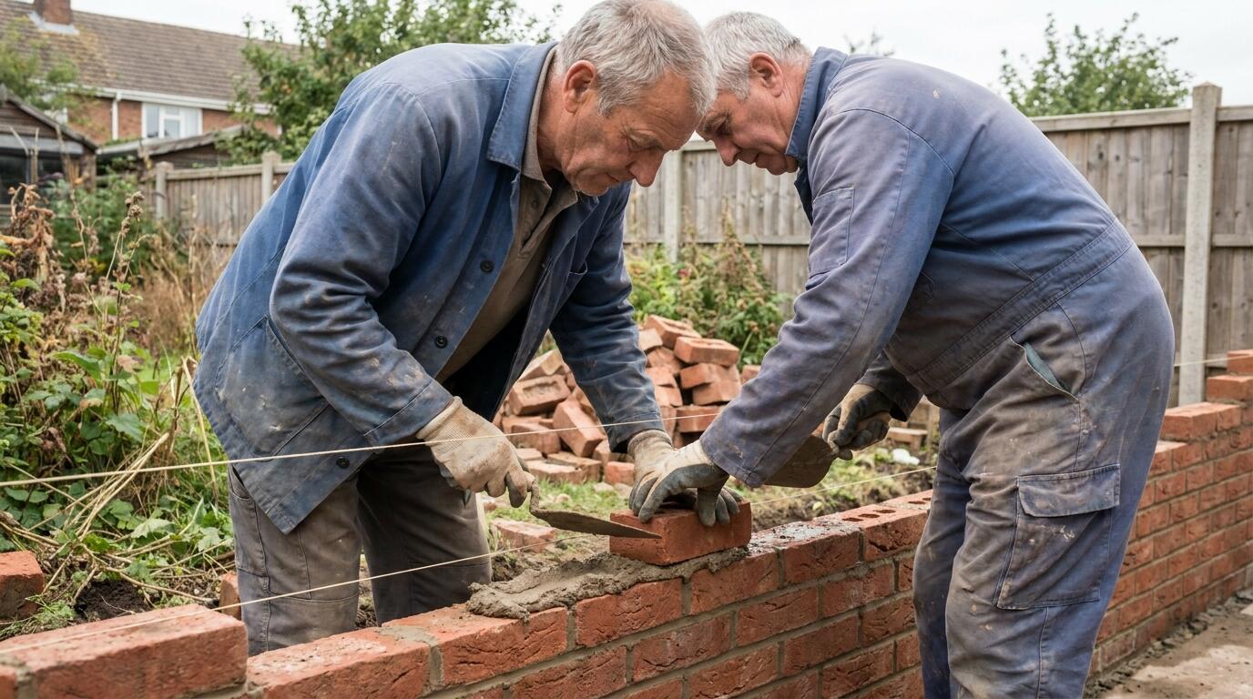 Bricklayer laying red facing bricks with a trowel