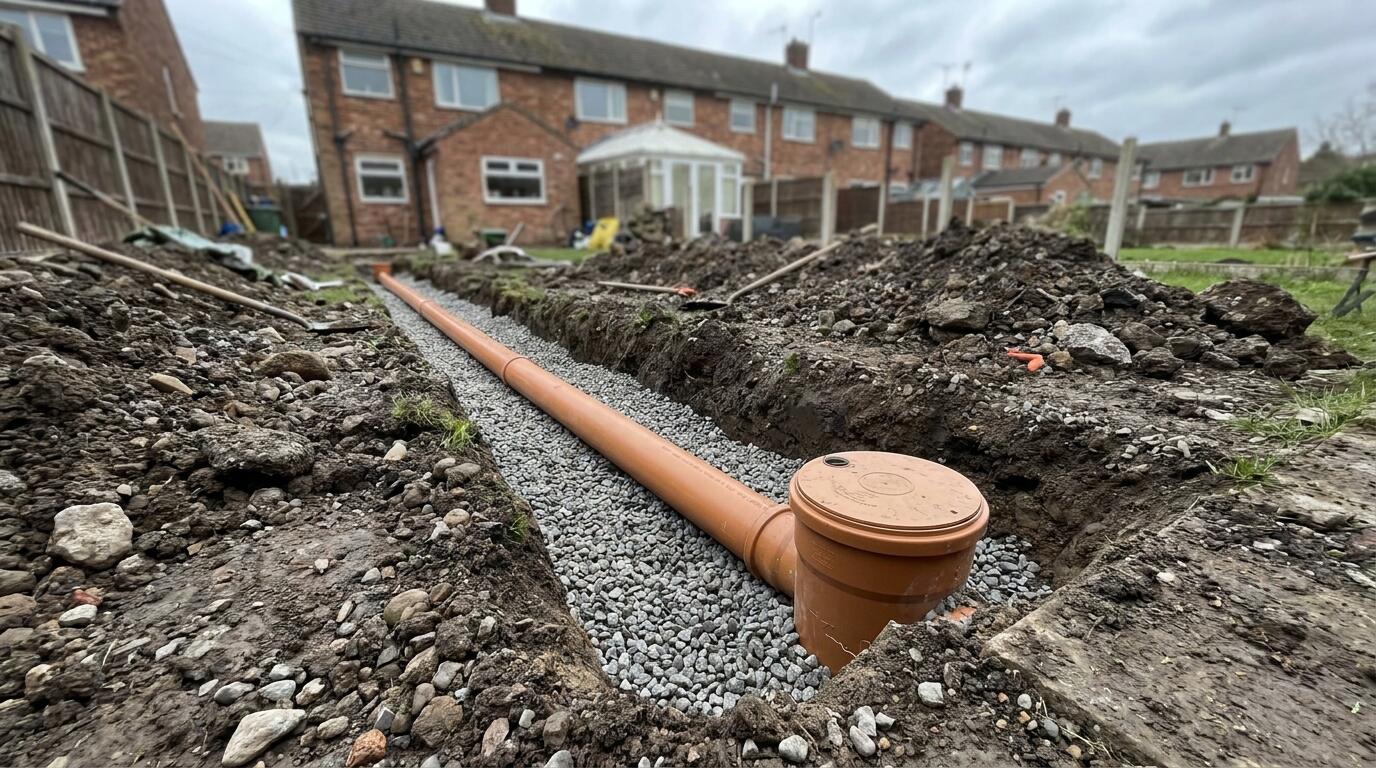 Terracotta-coloured underground drainage pipe bedded on pea gravel in a trench