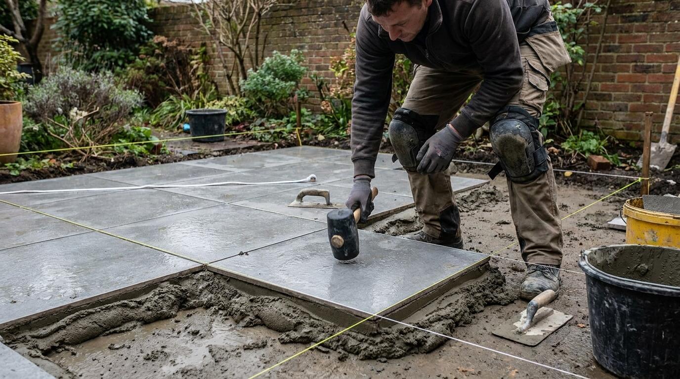 Laying porcelain patio slabs onto a mortar bed