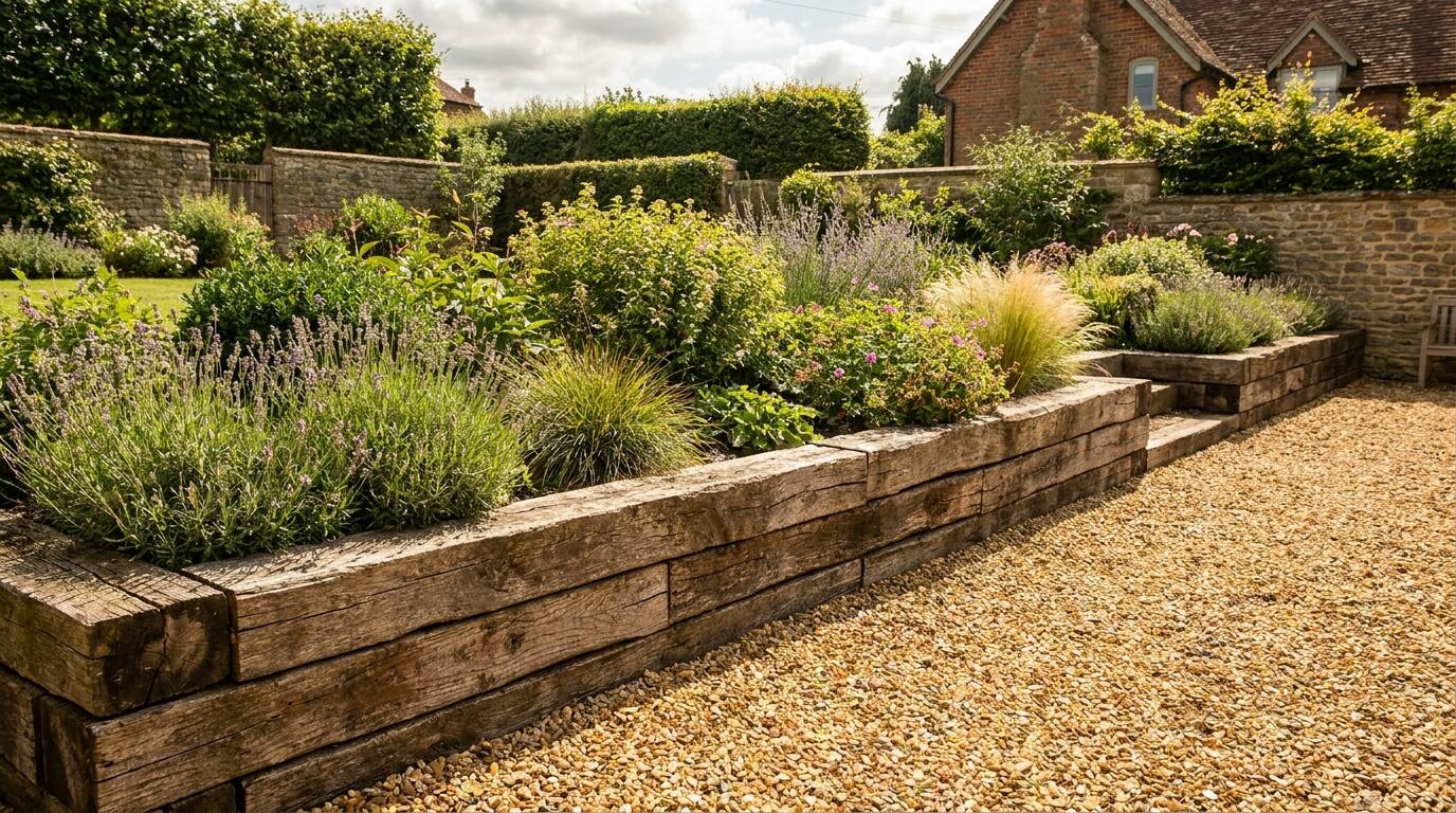 Timber sleeper retaining wall with decorative gravel