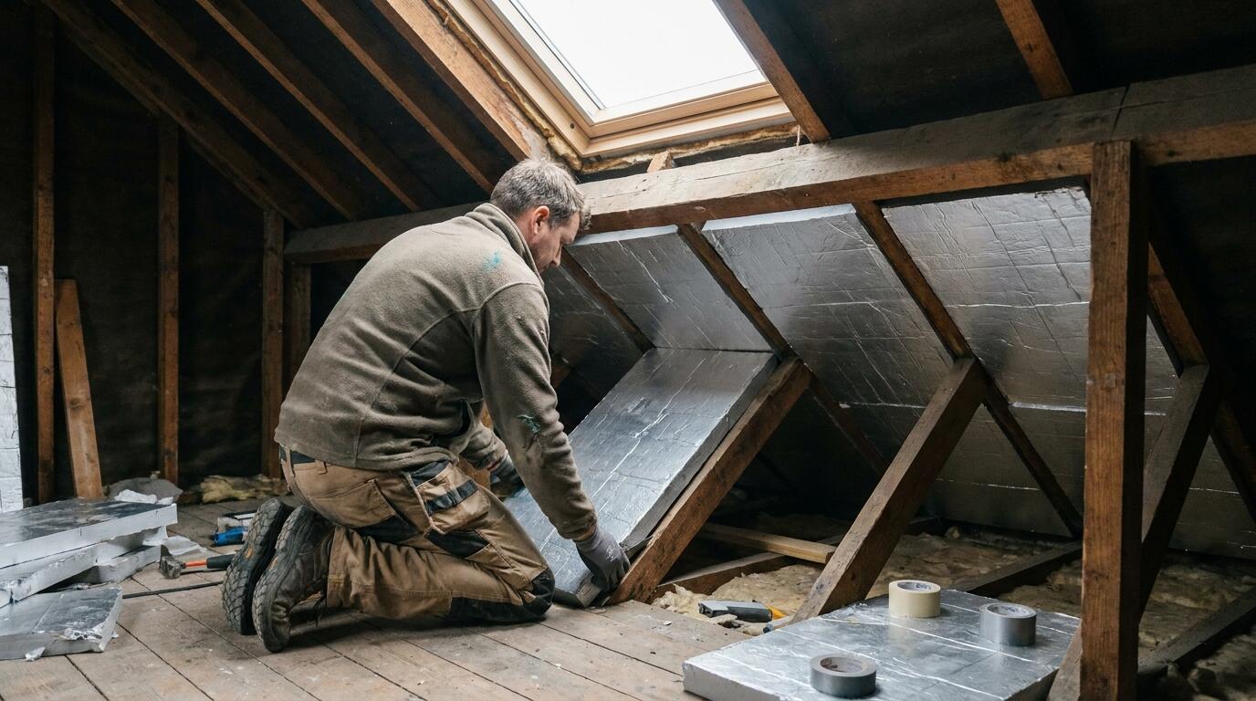 Fitting foil-faced insulation boards between roof rafters