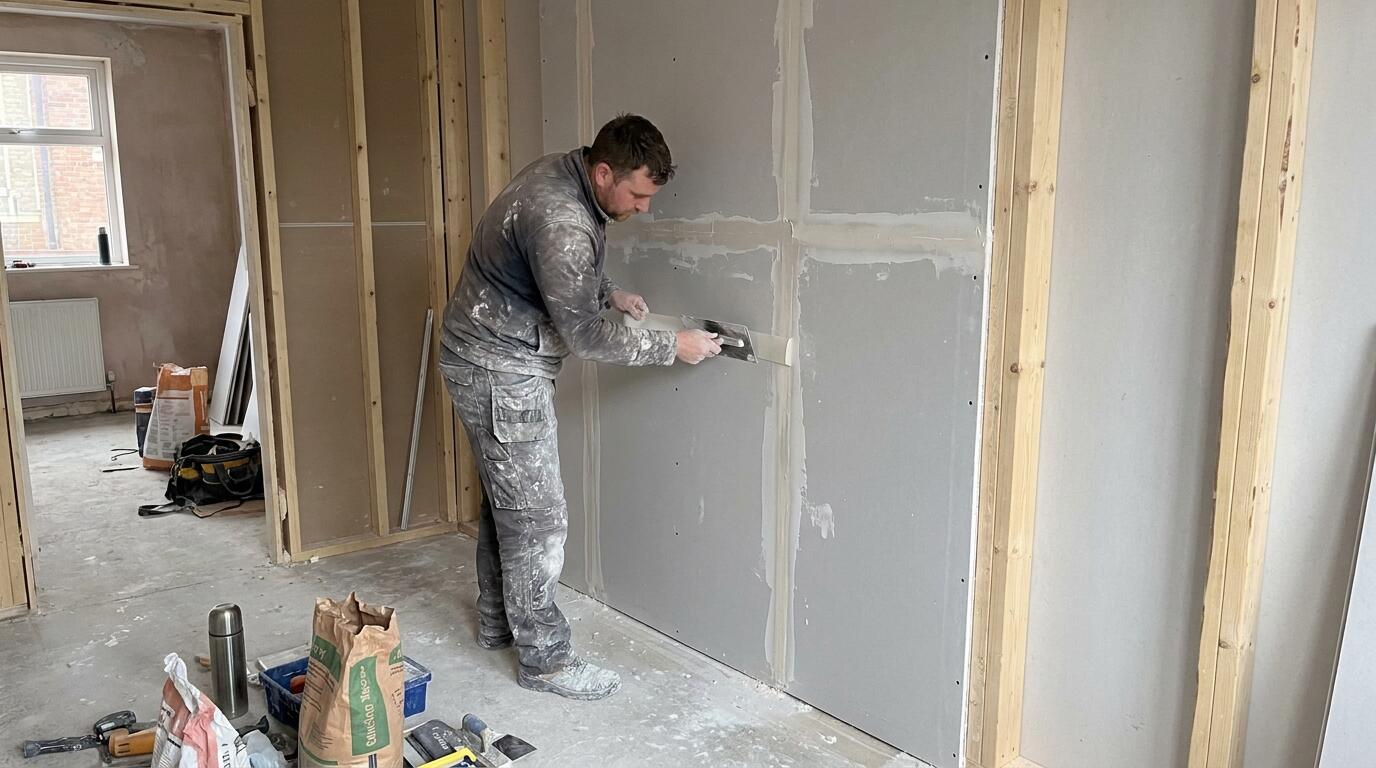 Plasterer taping and jointing plasterboard