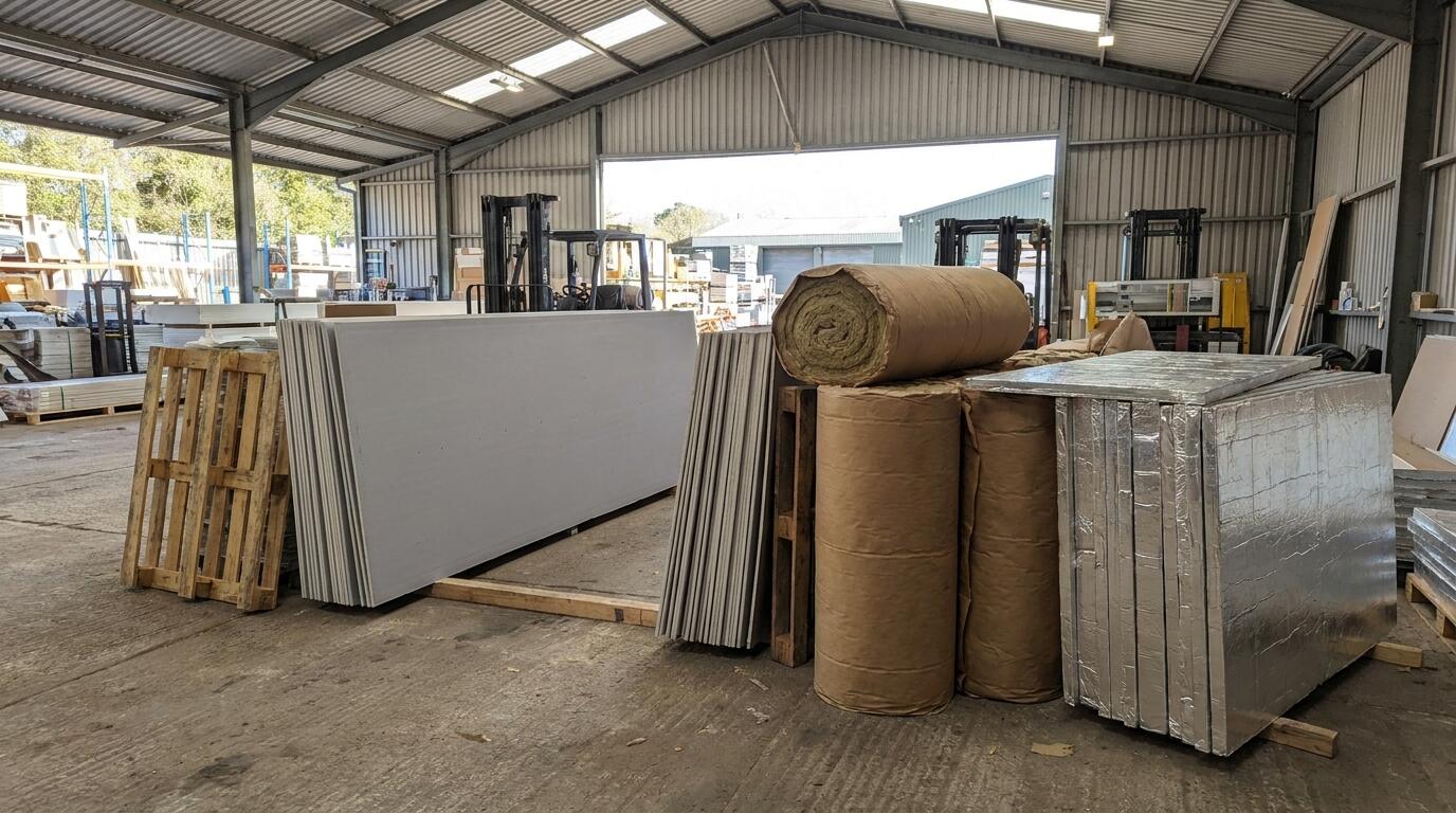 Plasterboard sheets and insulation stacked in a merchant store