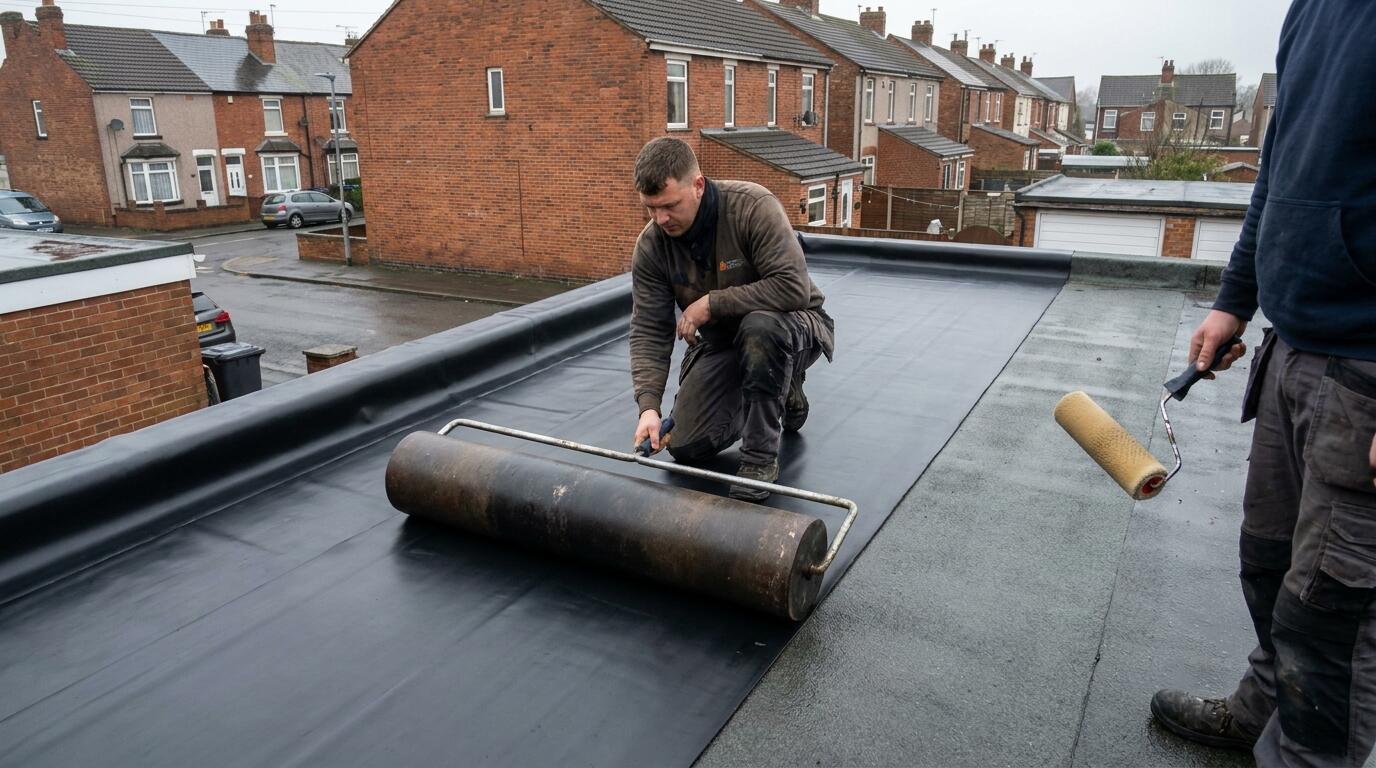 Rubber membrane being rolled out on a flat roof