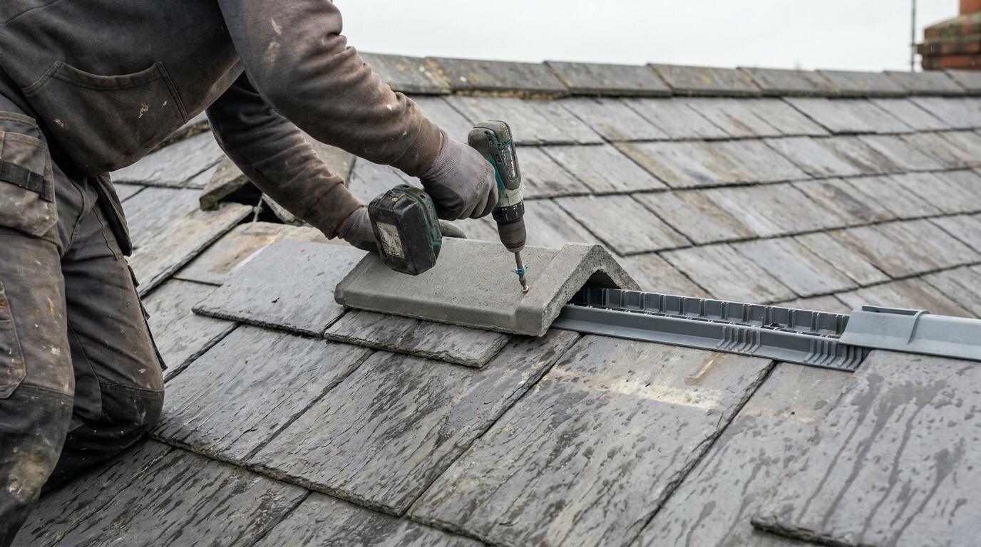 Dry ridge system being fitted to a tiled roof