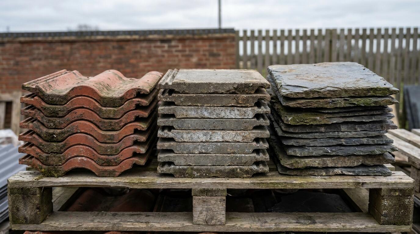 Clay, concrete and slate roof tiles laid out for comparison
