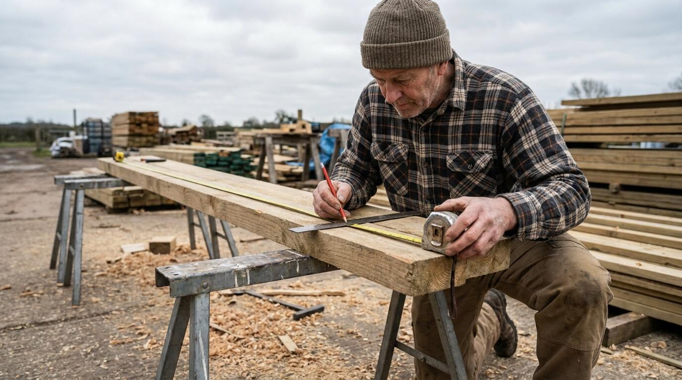 Carpenter measuring and marking a floor joist