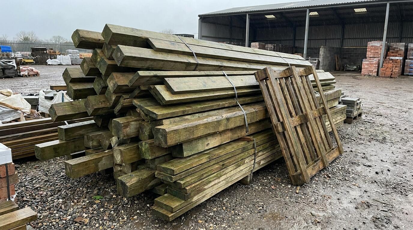 Green pressure-treated fencing timber and posts
