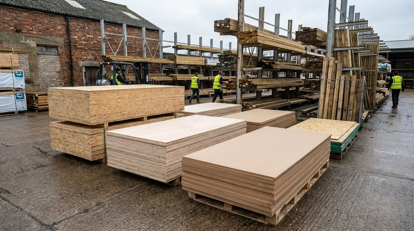 Stacks of OSB, plywood and MDF sheets in a timber store