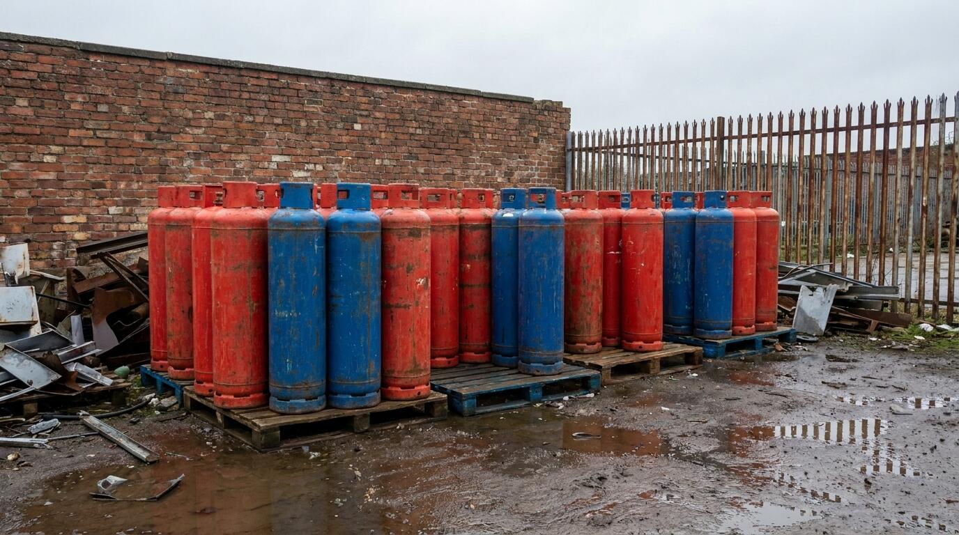 Returned empty gas cylinders lined up for collection