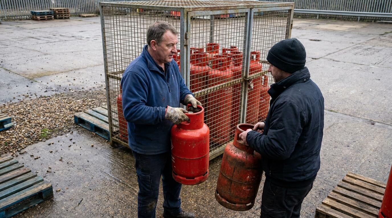 Empty gas cylinders being exchanged for full ones at a merchant yard