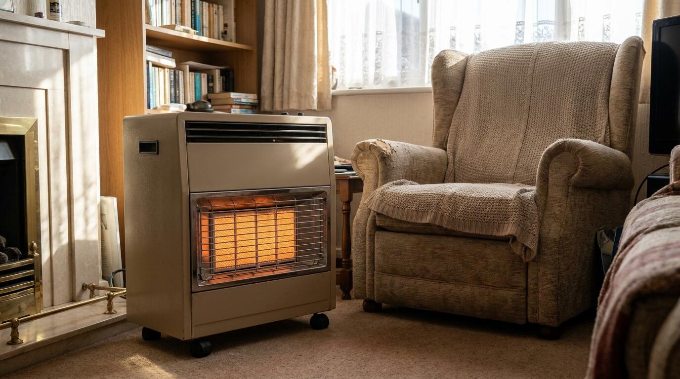 Portable gas cabinet heater in a living room