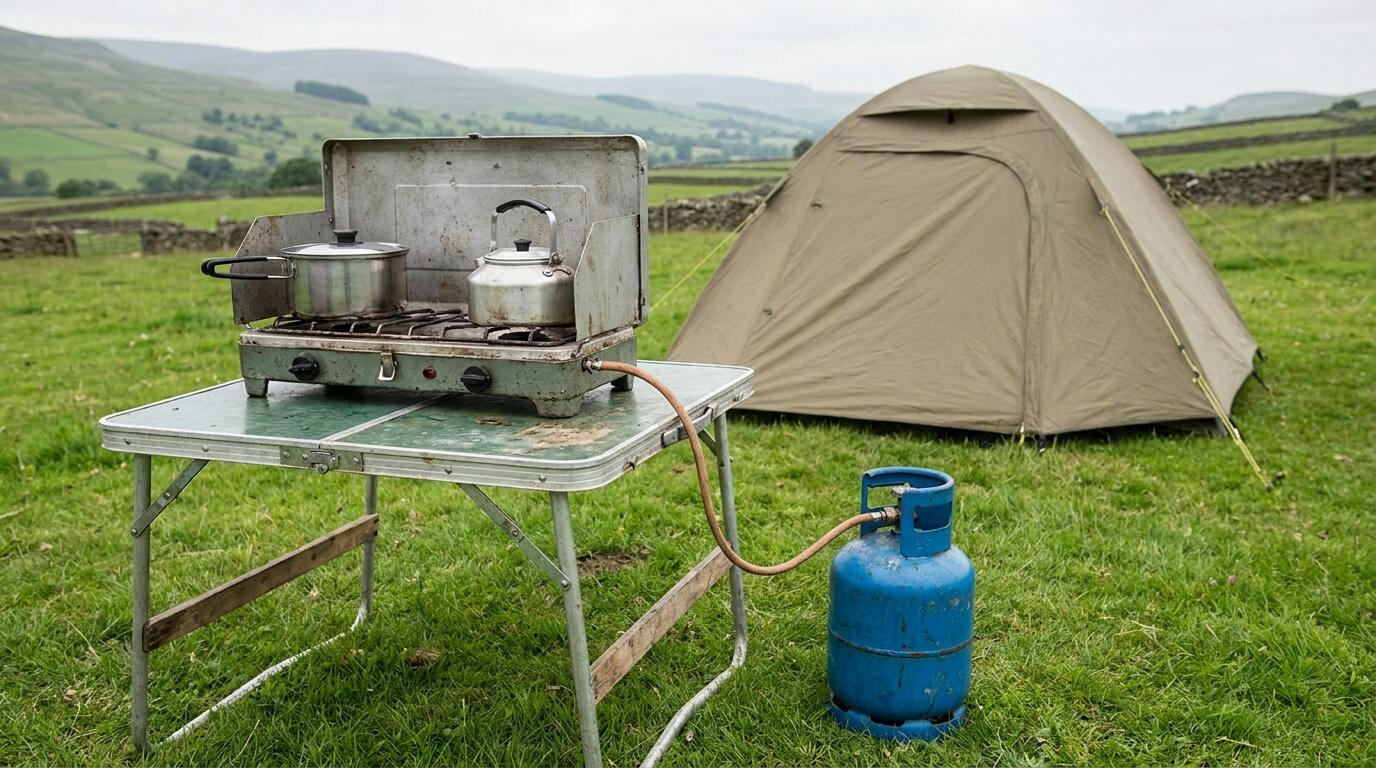 Camping stove connected to a small butane cylinder