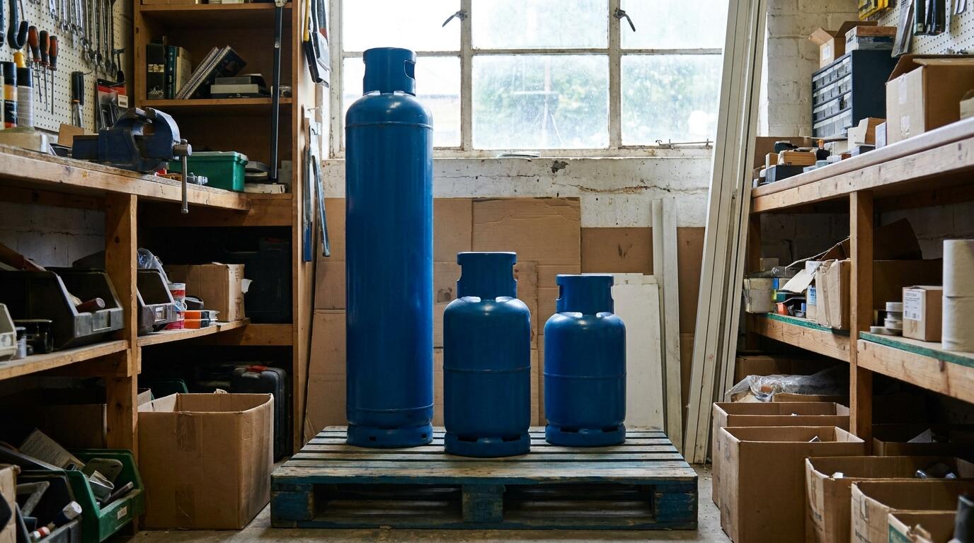 Blue butane gas cylinders stacked in a merchant store
