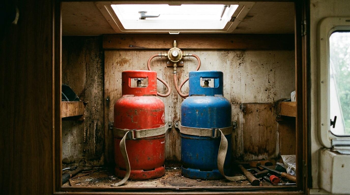 Motorhome gas locker with two cylinders and a regulator