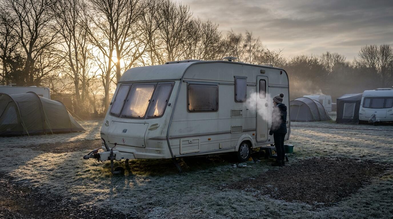 Caravan on a frosty winter pitch