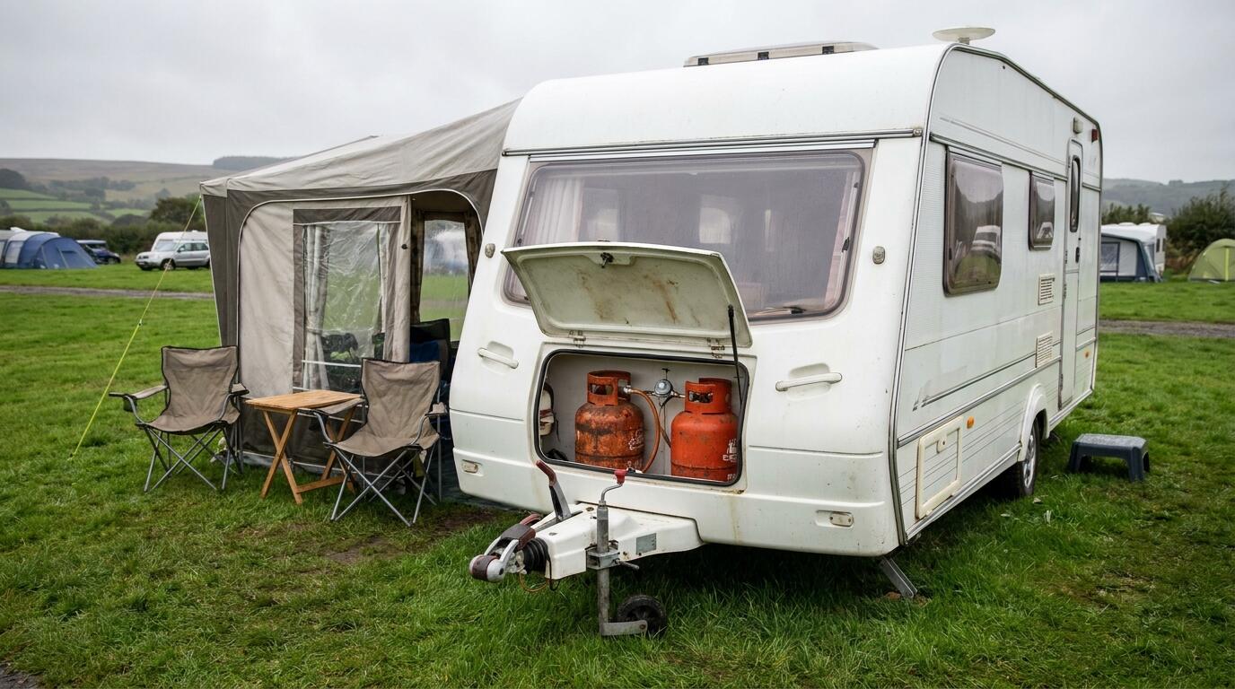 Touring caravan on a campsite with its gas locker open