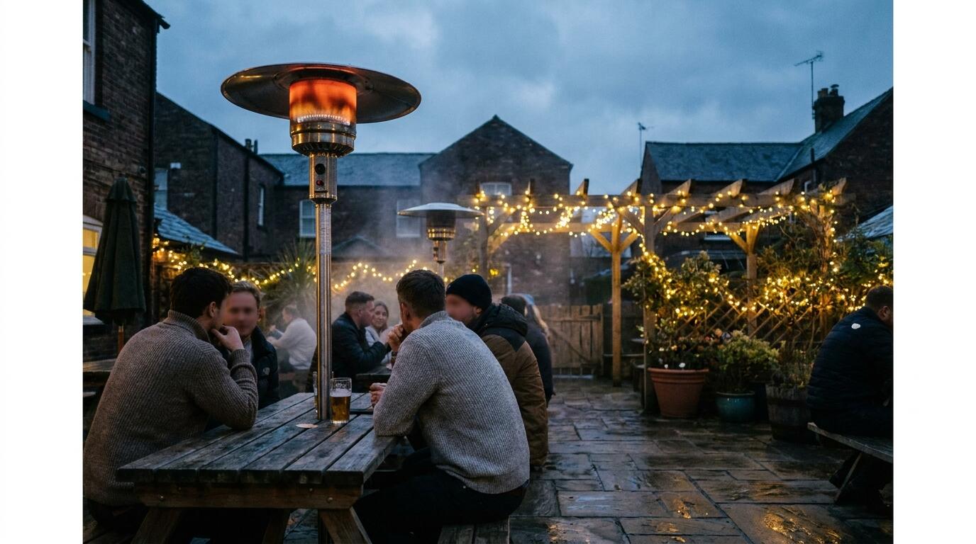 Gas patio heater warming an outdoor terrace in the evening