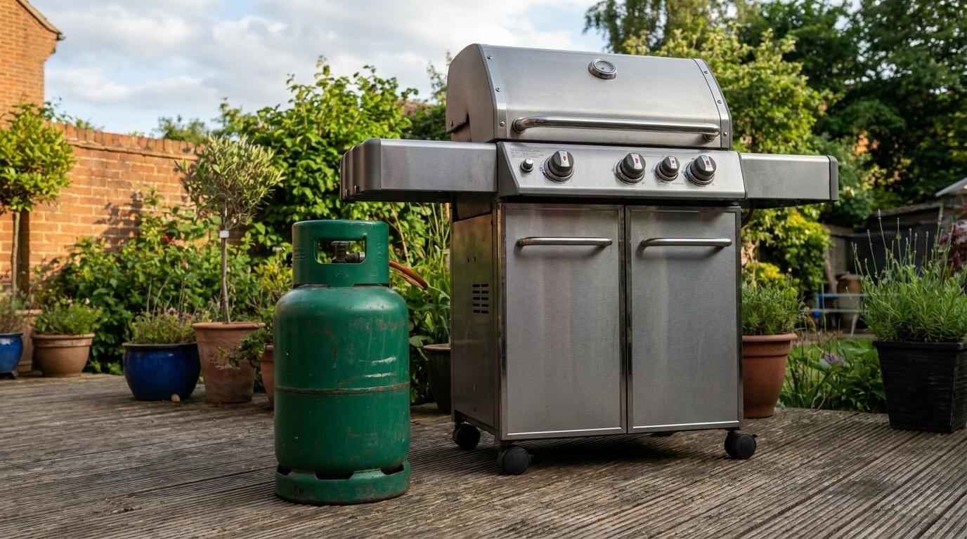 Green Patio Gas cylinder beside a gas barbecue on a decked patio