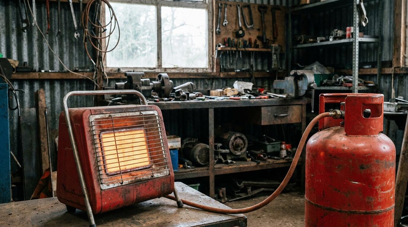 Propane space heater warming a workshop