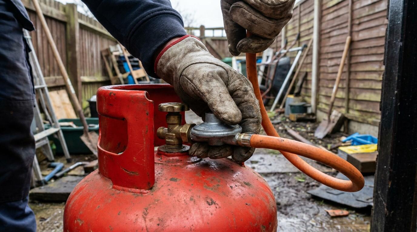 Close-up of a regulator fitted to a propane cylinder valve