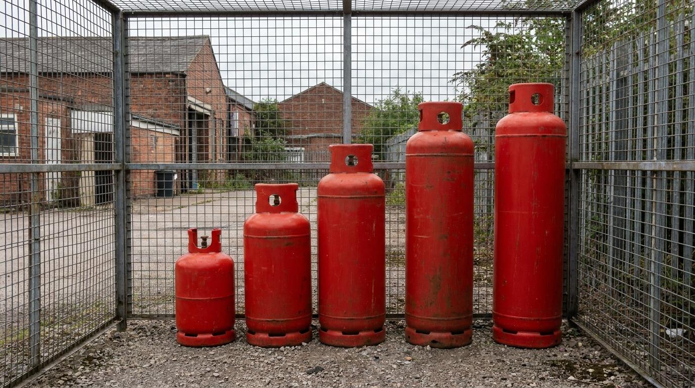 Red propane gas cylinders in a range of sizes