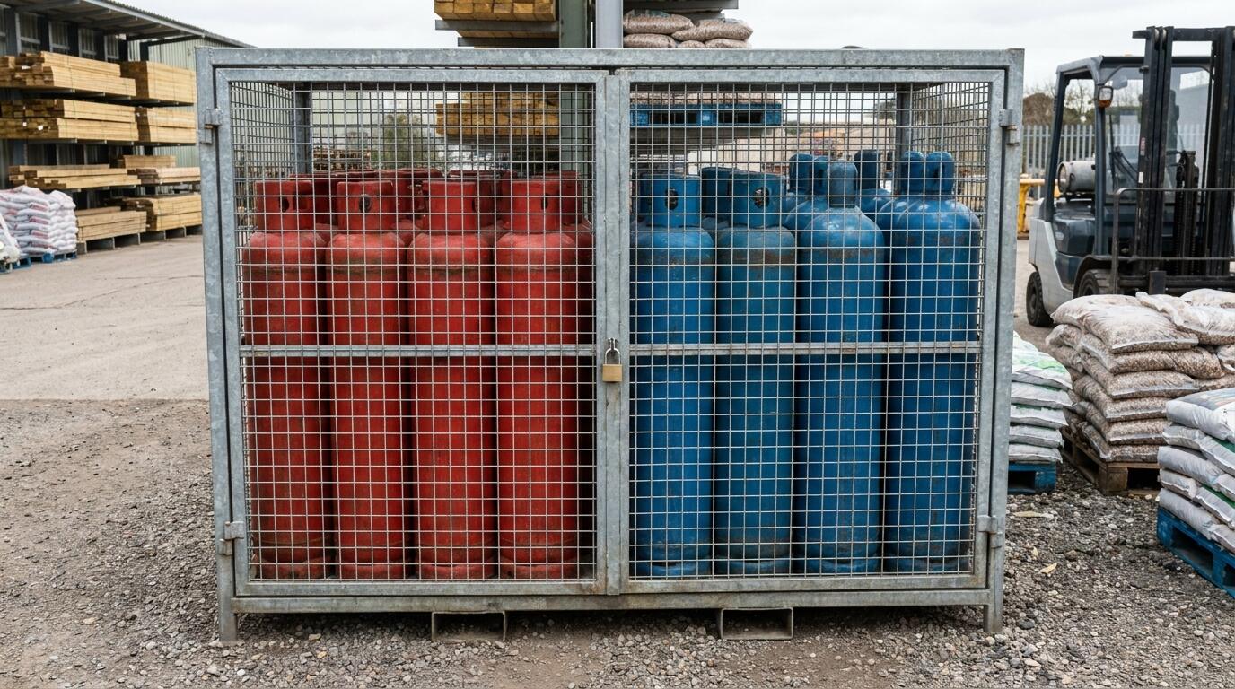 Secure cage of gas cylinders in a builders merchant yard