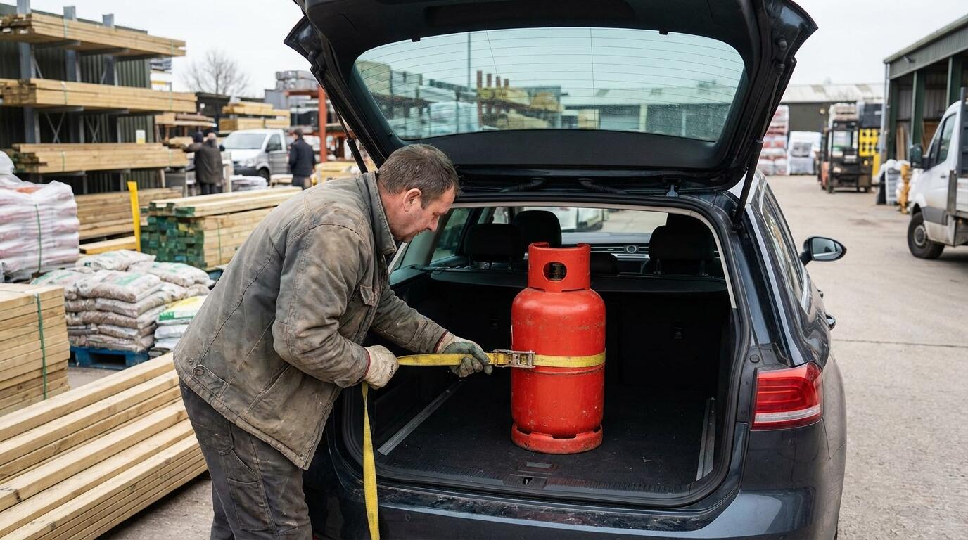 Customer loading a gas cylinder into a car boot