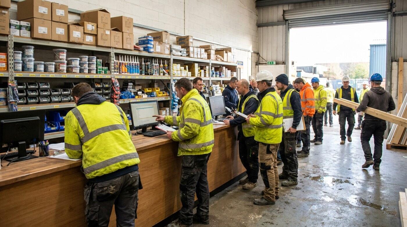 Tradespeople collecting orders at a builders merchant trade counter