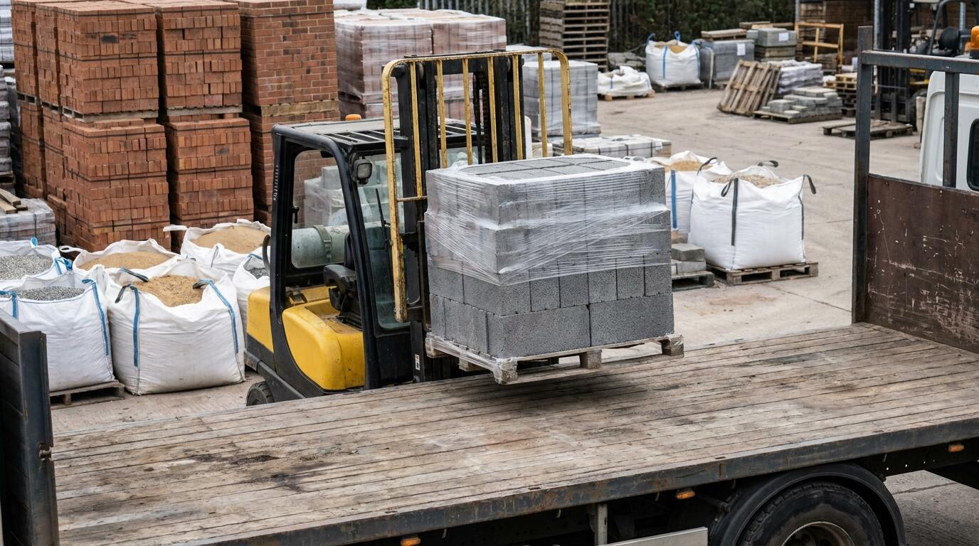 Forklift loading packs of concrete blocks onto a flatbed truck in a merchant yard