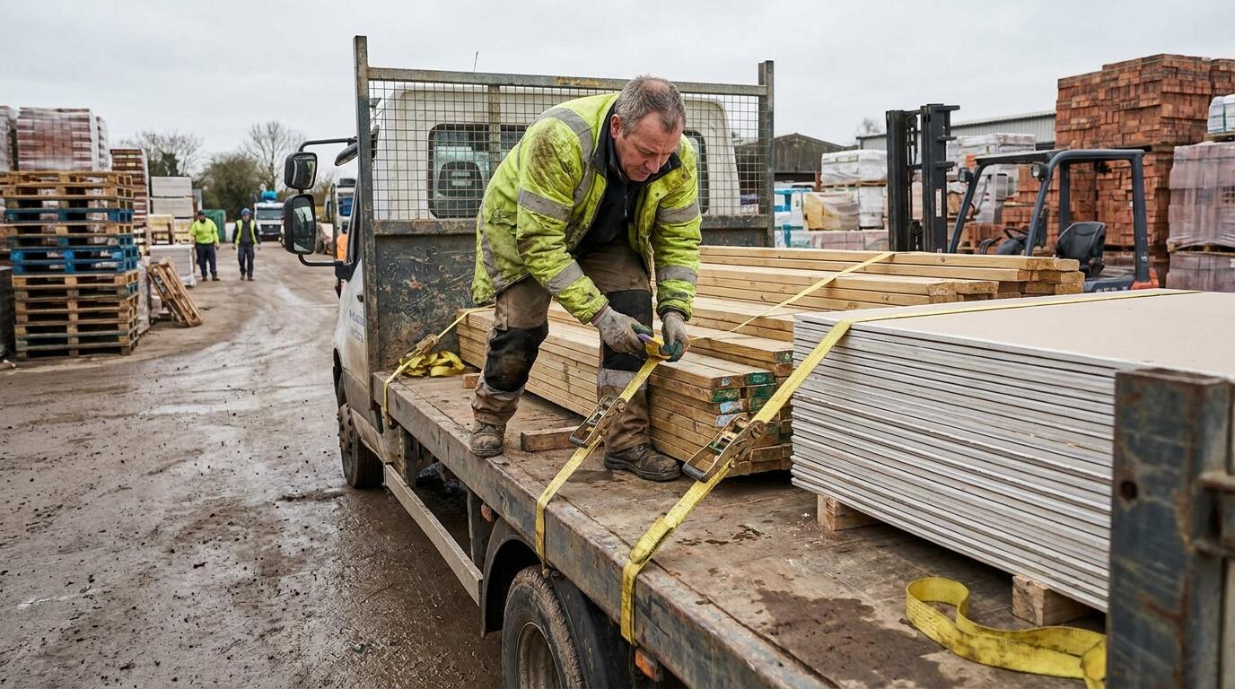 Delivery driver strapping down a load of timber and sheet materials