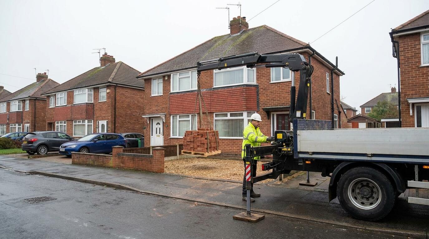 Crane lorry offloading pallets of bricks on a residential street in Nottingham