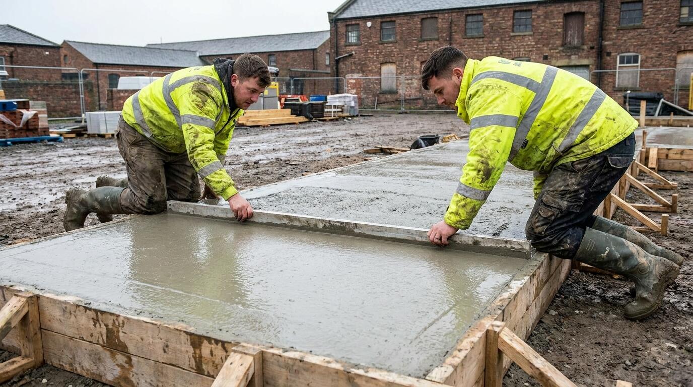 Workers levelling a fresh concrete slab with a screed board
