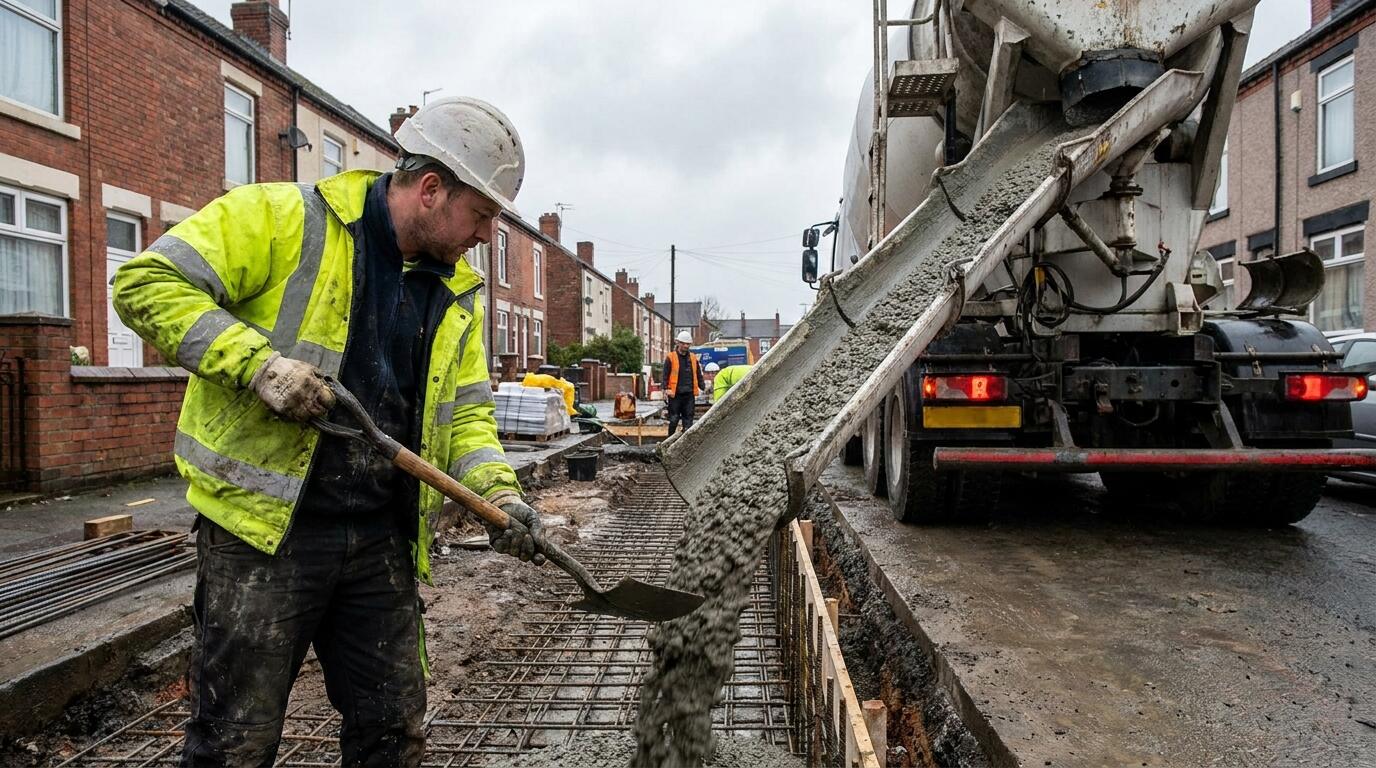 Concrete being poured into a strip foundation trench