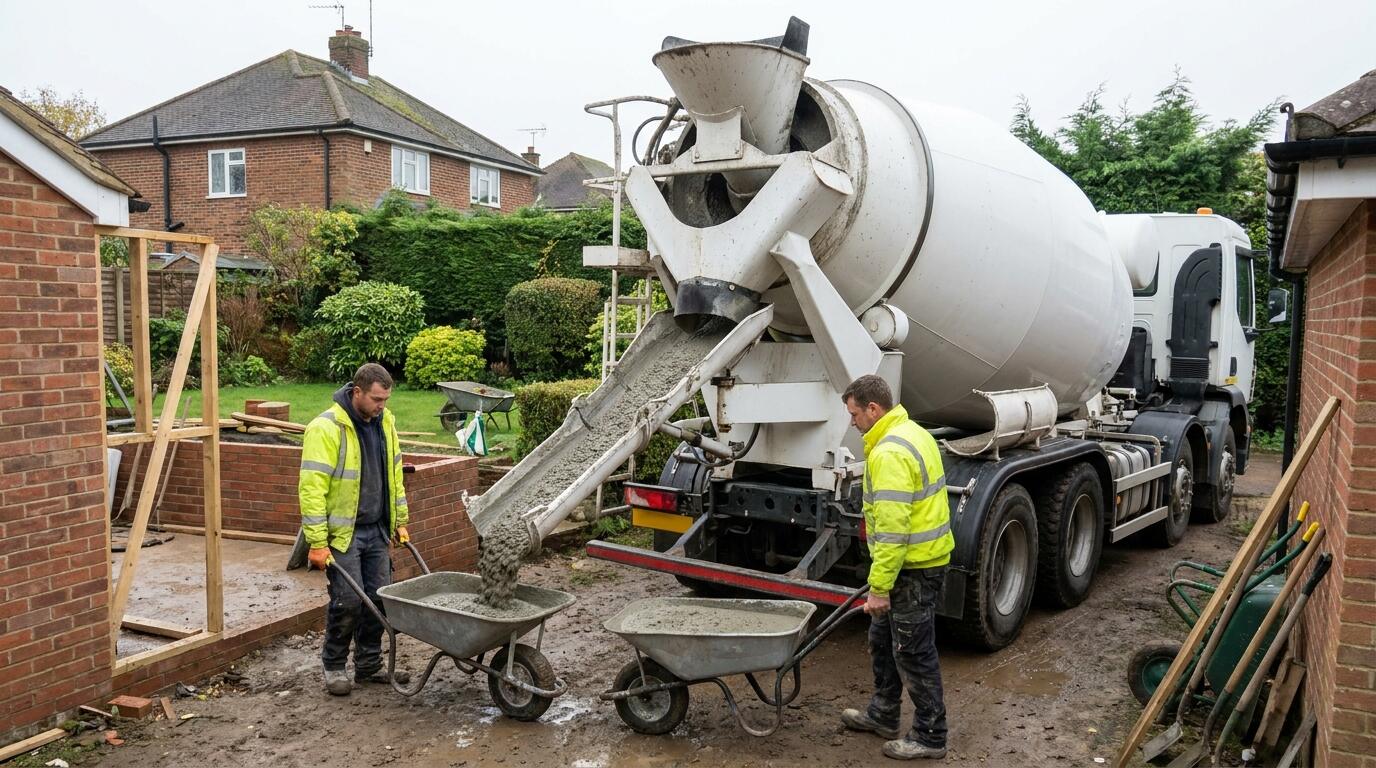 Concrete mixer truck discharging ready-mix concrete into wheelbarrows on a house extension site
