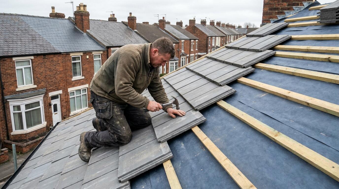 Roofer fixing concrete interlocking tiles onto battens