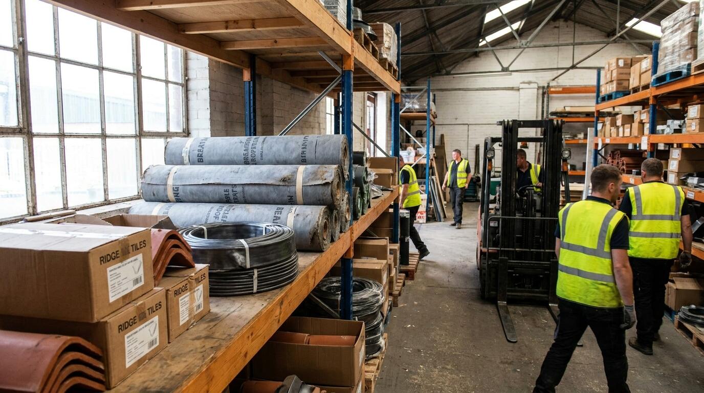 Rolls of breathable roofing membrane and lead flashing in a merchant store