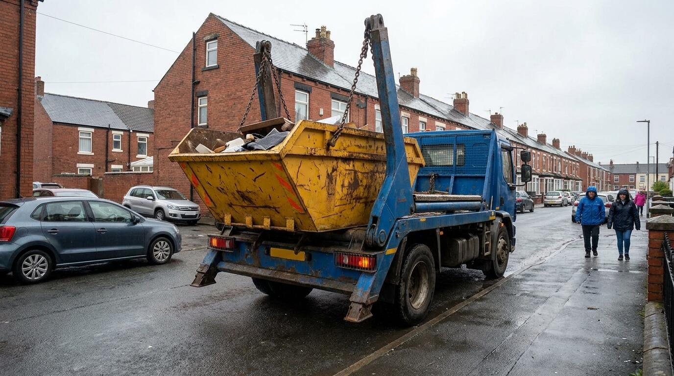 Skip lorry lifting a full skip from a residential road