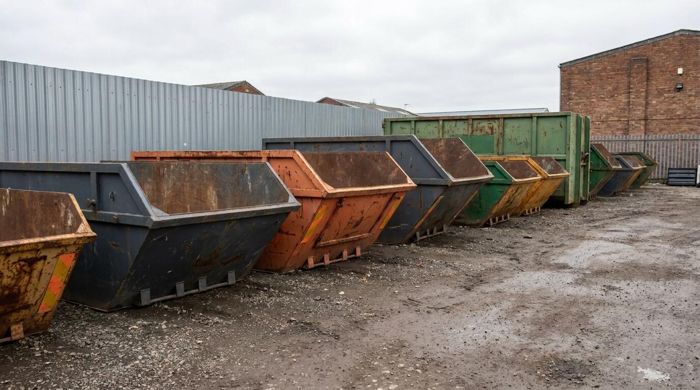 Row of empty skips in different sizes in a yard