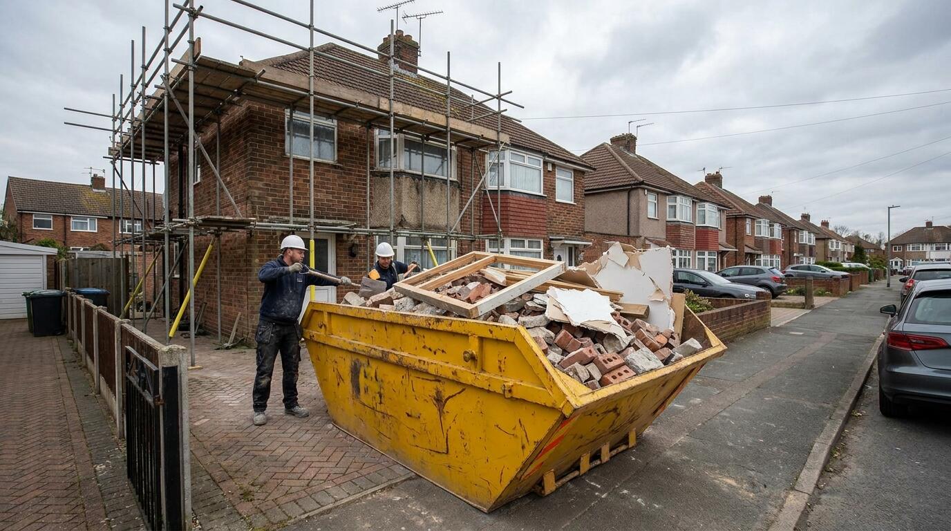 Skip on a driveway being filled with renovation rubble