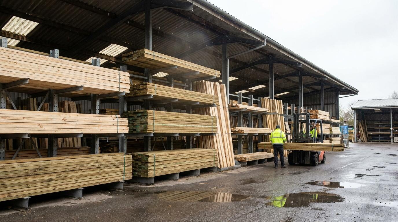 Racked lengths of sawn and treated timber in a covered timber shed
