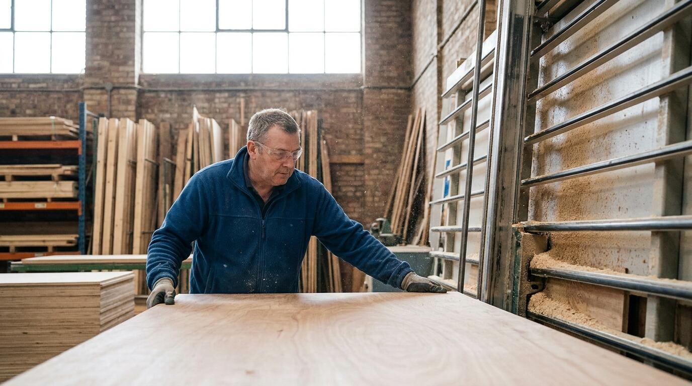 Sheet material being cut to size on a panel saw